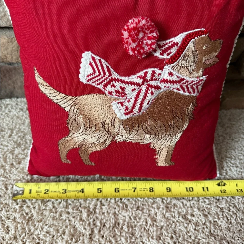 Pier One Festive Red Golden Retriever Dog Holiday Pillow Pom Pom 11”x11”